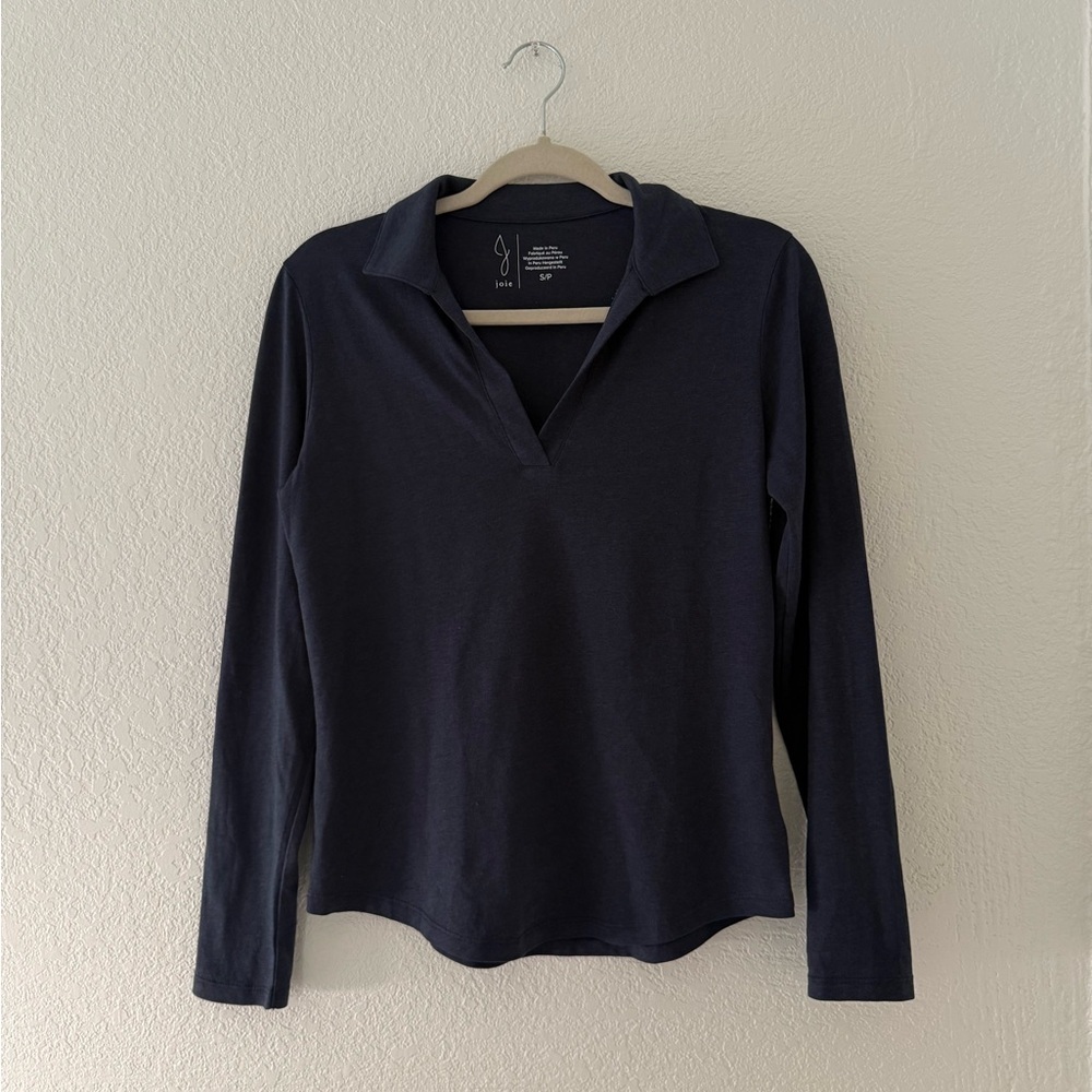Joie Women's Basic Polo Navy Long Sleeve‎ Top Split V-neck Size Small